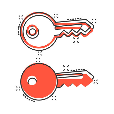 Key icon in comic style. Password cartoon vector illustration on white isolated background. Access splash effect business concept.のイラスト素材