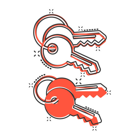 Key icon in comic style. Password cartoon vector illustration on white isolated background. Access splash effect business concept.のイラスト素材