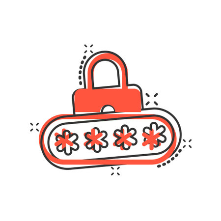 Login icon in comic style. Password access cartoon vector illustration on white isolated background. Padlock entry splash effect business concept.のイラスト素材