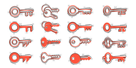 Key icon set in comic style. Password collection cartoon vector illustration on white isolated background. Access splash effect business concept.のイラスト素材