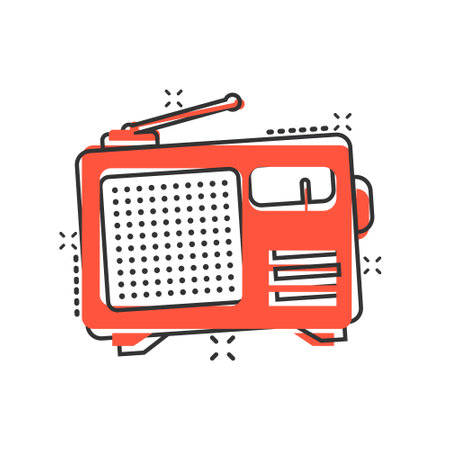 Radio icon in comic style. Fm broadcast cartoon vector illustration on white isolated background. Radiocast splash effect business concept.のイラスト素材