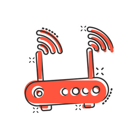 Wifi router icon in comic style. Broadband cartoon vector illustration on white isolated background. Internet connection splash effect business concept.のイラスト素材