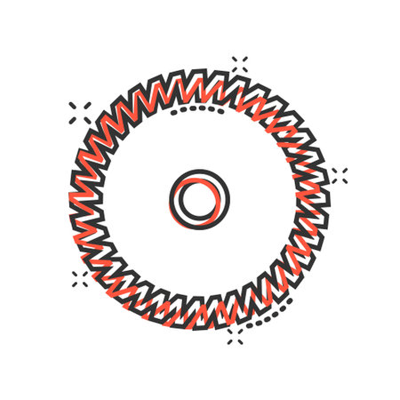 Saw blade icon in comic style. Circular machine cartoon vector illustration on white isolated background. Rotary disc splash effect business concept.のイラスト素材