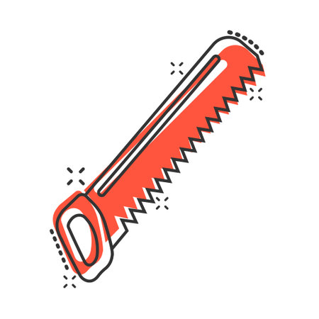 Saw blade icon in comic style. Working tools cartoon vector illustration on white isolated background. Hammer splash effect business concept.のイラスト素材