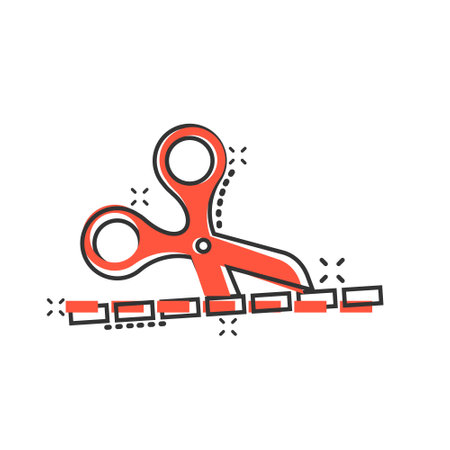 Scissor with cutting line icon in comic style. Cut equipment cartoon vector illustration on white isolated background. Cutter splash effect business concept.のイラスト素材