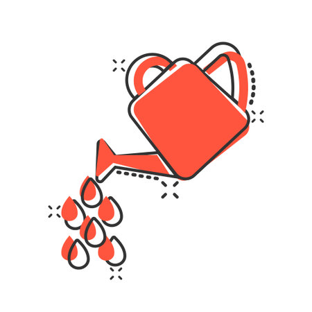 Water can icon in comic style. Irrigation garden cartoon vector illustration on white isolated background. Watering splash effect business concept.のイラスト素材