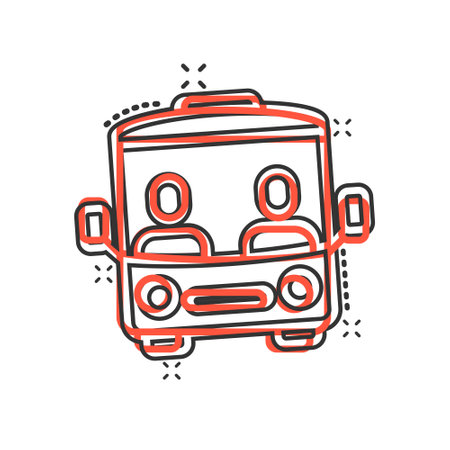 Bus icon in comic style. Coach cartoon vector illustration on white isolated background. Autobus vehicle splash effect business concept.のイラスト素材