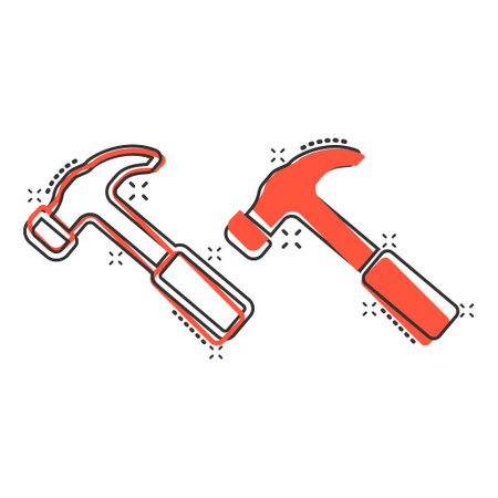 Hammer icon in comic style. Work instrument cartoon vector illustration on white isolated background. Repair equipment splash effect business concept.のイラスト素材