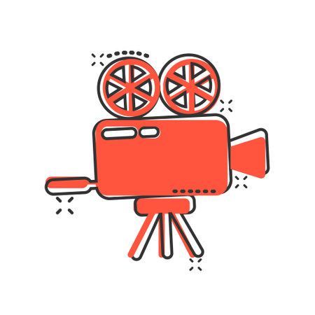 Projector icon in comic style. Cinema camera cartoon vector illustration on white isolated background. Movie splash effect business concept.のイラスト素材