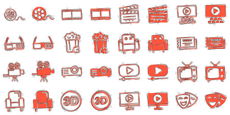 Cinema line icons in comic style. Entertainment set cartoon vector illustration on white isolated background. Movie media splash effect business concept.のイラスト素材