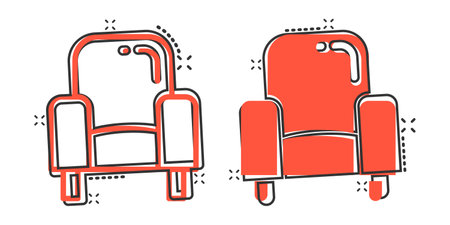 Cinema chair icon in comic style. Armchair cartoon vector illustration on white isolated background. Theater seat splash effect business concept.のイラスト素材