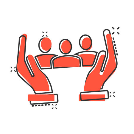People and hand icon in comic style. Protect life cartoon vector illustration on white isolated...