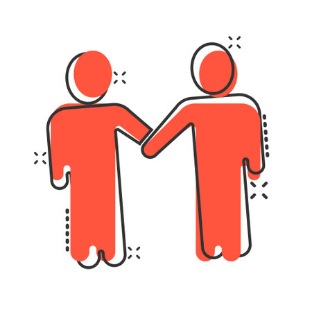 Greetings gesture icon in comic style. People handshake cartoon vector illustration on white isolated background. Hand shake splash effect business concept.のイラスト素材