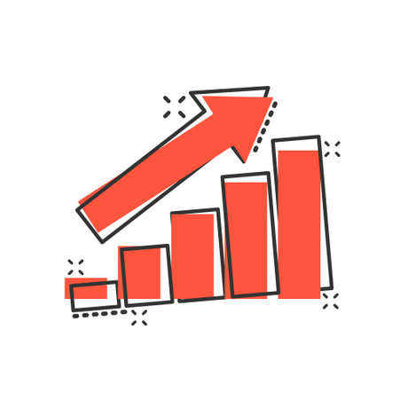 Growing bar graph icon in comic style. Increase arrow cartoon vector illustration on white background. Infographic progress splash effect business concept.のイラスト素材
