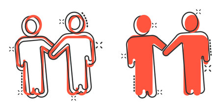 Greetings gesture icon in comic style. People handshake cartoon vector illustration on white isolated background. Hand shake splash effect business concept.のイラスト素材