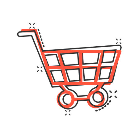Shopping cart icon in comic style. Trolley cartoon vector illustration on white isolated background. Basket splash effect business concept.のイラスト素材