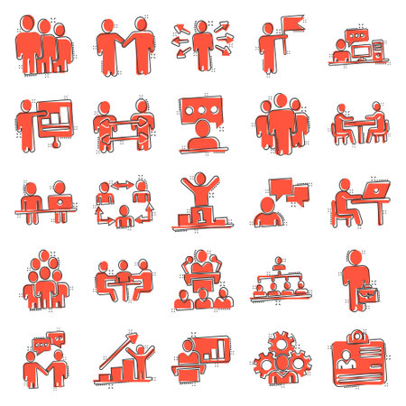 Business communication contour icon set in comic style. Team structure cartoon line vector illustration on white isolated background. Office teamwork linear stroke splash effect business concept.のイラスト素材