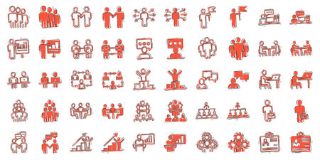 Business communication contour icon set in comic style. Team structure cartoon line vector illustration on white isolated background. Office teamwork linear stroke splash effect business concept.のイラスト素材