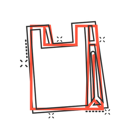 Shopping bag icon in comic style. Handbag cartoon sign vector illustration on white isolated background. Package splash effect business concept.のイラスト素材