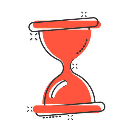 Hourglass icon in comic style. Sandglass cartoon vector illustration on white isolated background. Clock splash effect business concept.のイラスト素材