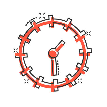 Clock icon in comic style. Watch cartoon vector illustration on white isolated background. Timer splash effect business concept.のイラスト素材