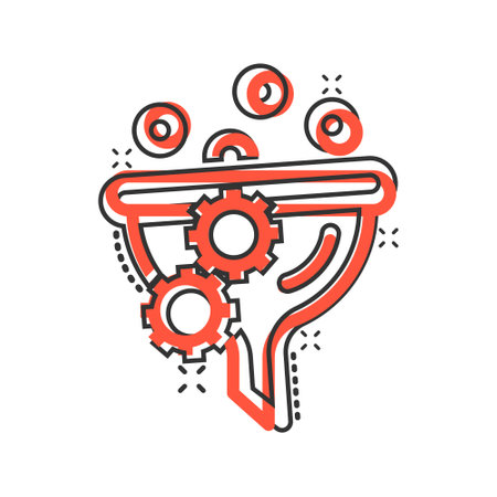 Filter icon in comic style. Funnel cartoon vector illustration on white isolated background. Chemical cone splash effect business concept.のイラスト素材