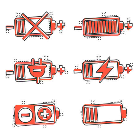 Battery charge icon set in comic style. Power level cartoon vector illustration on white isolated background. Lithium accumulator splash effect business concept.のイラスト素材