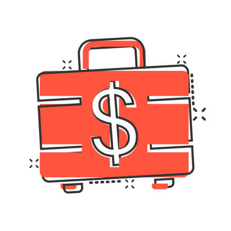 Money briefcase icon in comic style. Cash box cartoon vector illustration on white isolated background. Finance splash effect business concept.のイラスト素材