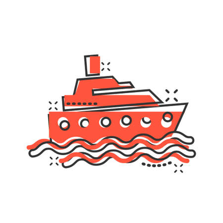 Tourism ship icon in comic style. Fishing boat cartoon vector illustration on white isolated background. Tanker destination splash effect business concept.のイラスト素材