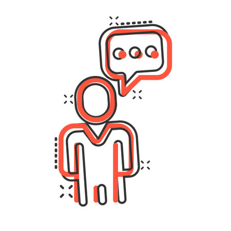 People with speech bubble icon in comic style. Chat cartoon vector illustration on white isolated background. Speaker dialog splash effect business concept.のイラスト素材