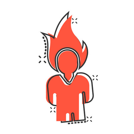 People with flame head icon in comic style. Stress expression cartoon vector illustration on white isolated background. Health problem splash effect business concept.のイラスト素材
