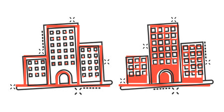 Building icon in comic style. Town skyscraper apartment cartoon vector illustration on white isolated background. City tower splash effect business concept.のイラスト素材