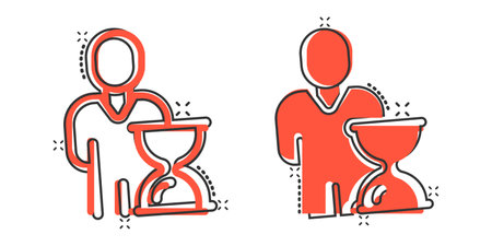 People and clock icon in comic style. User time cartoon vector illustration on white isolated background. Businessman splash effect business concept.のイラスト素材
