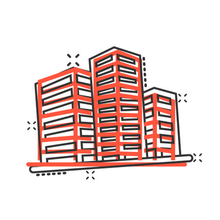 Building icon in comic style. Town skyscraper apartment cartoon vector illustration on white isolated background. City tower splash effect business concept.のイラスト素材