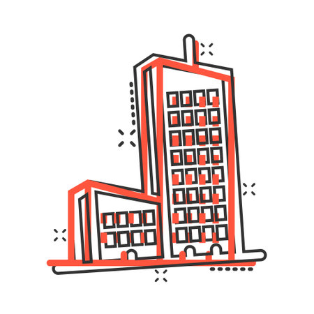 Building icon in comic style. Town skyscraper apartment cartoon vector illustration on white isolated background. City tower splash effect business concept.のイラスト素材
