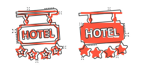 Hotel 4 stars sign icon in comic style. Inn cartoon vector illustration on white isolated background. Hostel room information splash effect business concept.のイラスト素材