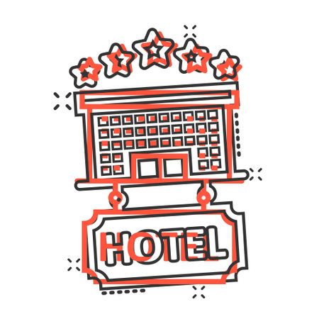 Hotel 5 stars sign icon in comic style. Inn building cartoon vector illustration on white isolated background. Hostel room splash effect business concept.のイラスト素材