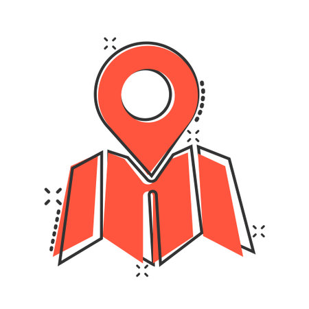 Map pin icon in comic style. Gps navigation cartoon vector illustration on white isolated background. Locate position splash effect business concept.のイラスト素材