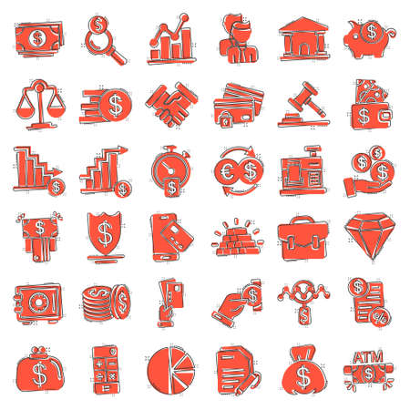Business icons set in comic style. Finance investment cartoon vector illustration on white isolated background. Financial currency splash effect business concept.のイラスト素材
