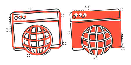 Website domain icon in comic style. Global internet address cartoon vector illustration on white isolated background. Server splash effect business concept.のイラスト素材