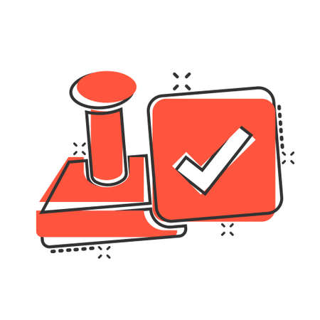 Approve stamp icon in comic style. Accept check mark cartoon vector illustration on white isolated background. Approval choice splash effect business concept.のイラスト素材