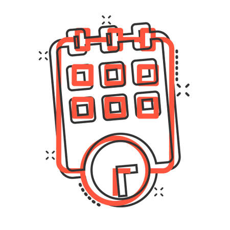 Calendar with clock icon in comic style. Agenda cartoon vector illustration on white isolated background. Schedule time planner splash effect business concept.のイラスト素材