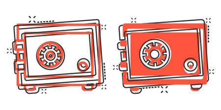Safe money icon in comic style. Strongbox cartoon vector illustration on white isolated background. Finance security splash effect business concept.のイラスト素材
