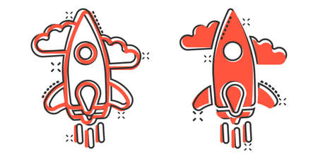 Rocket icon in comic style. Spaceship launch cartoon vector illustration on white isolated background. Sputnik splash effect business concept.のイラスト素材