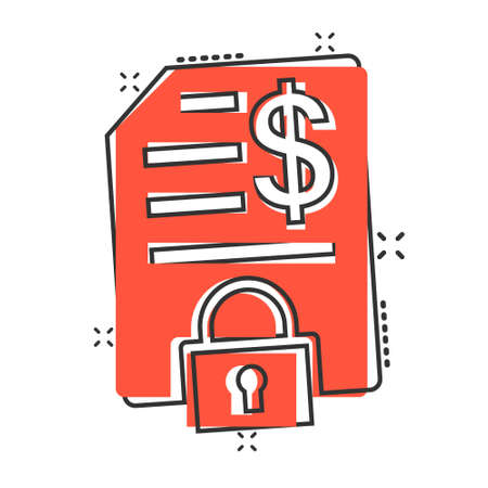 Financial statement icon in comic style. Document with lock cartoon vector illustration on white isolated background. Report splash effect business concept.のイラスト素材