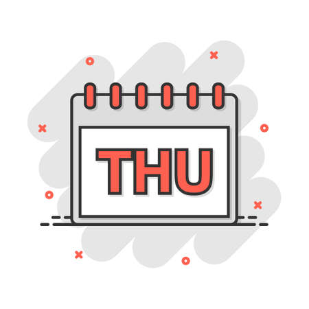 Vector cartoon thursday calendar page icon in comic style. Calendar sign illustration pictogram. Thursday agenda business splash effect concept.のイラスト素材