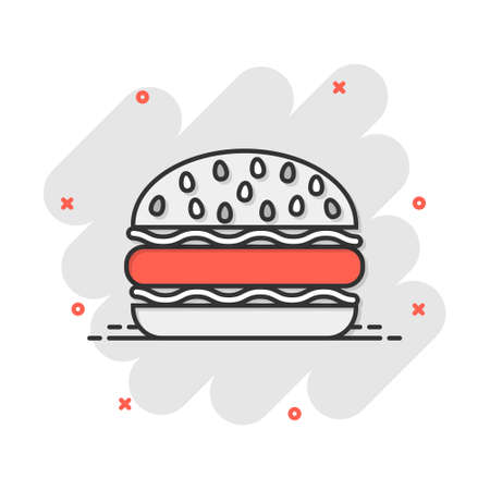 Vector cartoon burger fast food icon in comic style. Hamburger sign illustration pictogram. Burger business splash effect concept.のイラスト素材
