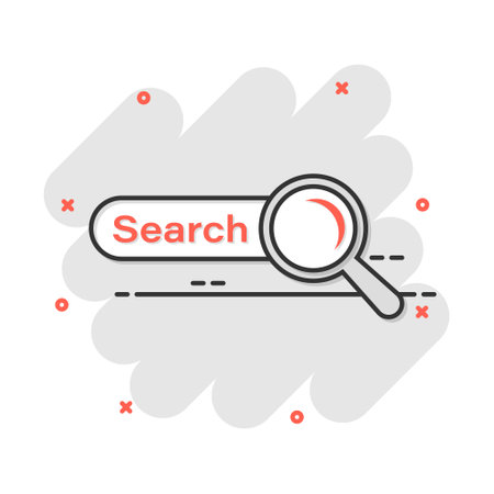 Vector cartoon search bar ui icon in comic style. Search website form illustration pictogram. Find search business splash effect concept.のイラスト素材