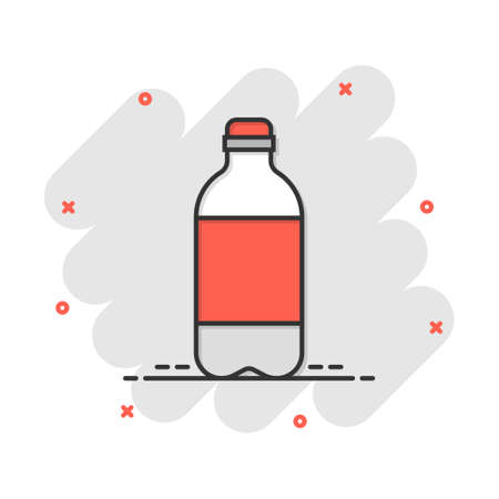 Water bottle icon in comic style. Plastic soda bottle vector cartoon illustration pictogram. Liquid water business concept splash effect.のイラスト素材