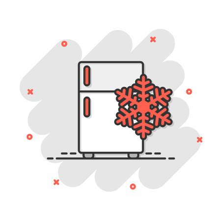 Fridge refrigerator icon in comic style. Freezer container vector cartoon illustration pictogram. Fridge business concept splash effect.のイラスト素材
